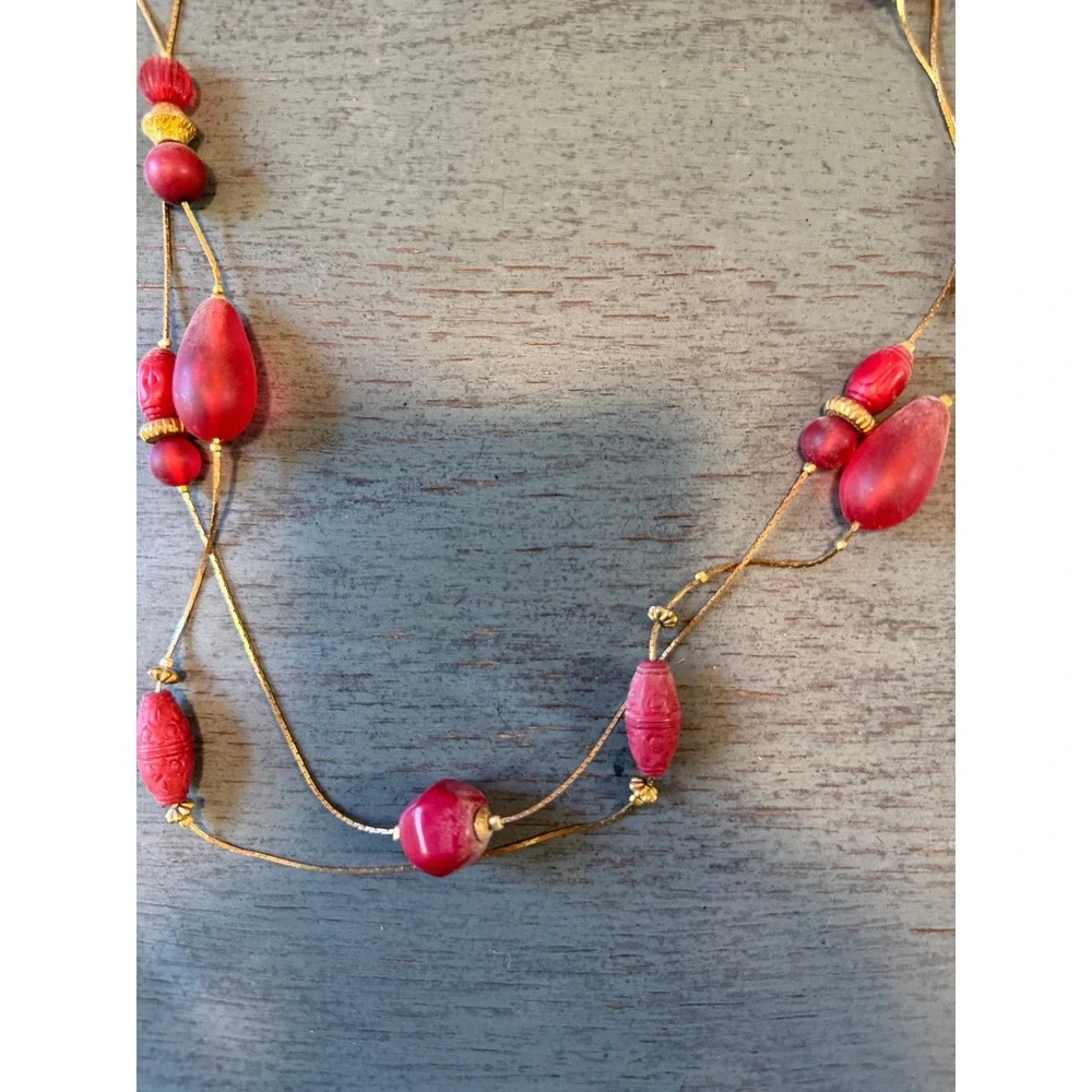Vintage Red Beaded Double Strand Necklace Gold Tone Snake Chain Long Boho 34 In